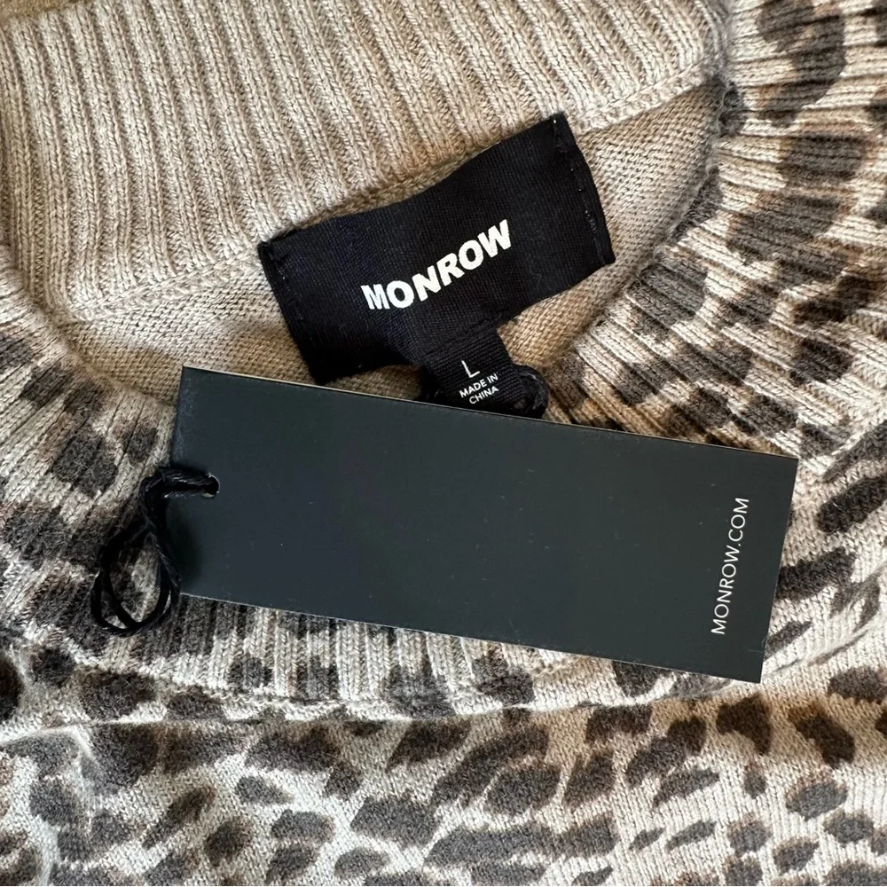 NWT Monrow Brown Leopard Modern Mock Neck Sweater Cashmere Blend L Large - Picture 8 of 9